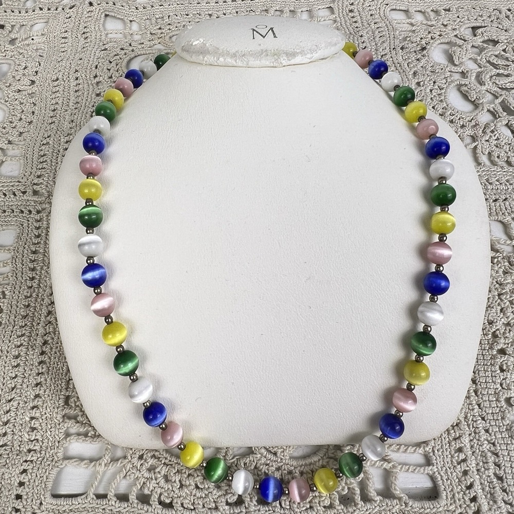 Vtg 90's Rainbow Moon Glow Cats Eye Beaded Choker Necklace .925 Sterling Silver - Picture 3 of 5